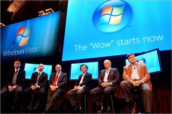 From left, Kevin B. Rollins of Dell, Sean Maloney of Intel, Steven A. Ballmer of Microsoft, Hisatsugu Nonaka of Toshiba, Hector Ruiz of Advanced Micro Devices and Todd Bradley of Hewlett-Packard helped kick off the Vista operating system Monday in New York.