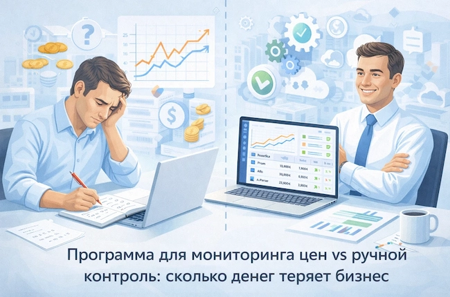 Сравнение ручного контроля цен и автоматического мониторинга — слева уставший предприниматель вручную сверяет цены в блокноте, справа бизнесмен использует программу мониторинга цен с графиками и автоматическим анализом.