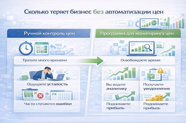Инфографика сравнения ручного контроля цен и программы мониторинга цен: потери времени, ошибки и снижение прибыли против аналитики, уведомлений и роста доходов.