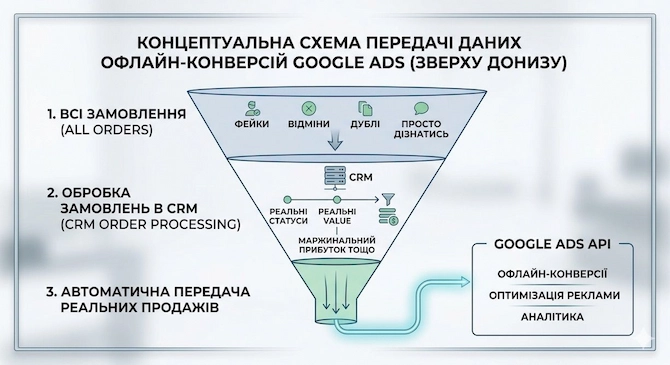 Як це працює технічно: CRM + офлайн-конверсії + маржа