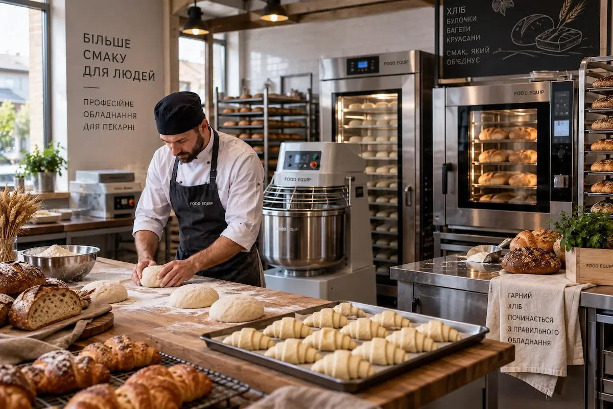 Професійне обладнання для пекарні Food Equip Професійне обладнання для пекарні Food Equip — піч, тістоміс і робоча зона пекаря